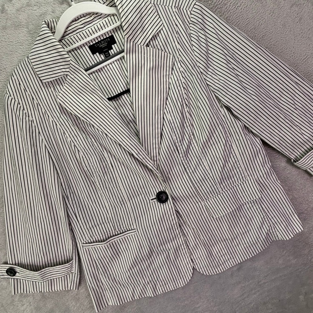 Talbots Womens Blazer 14W White Black Striped Stretch 3/4 Sleeve Button Front